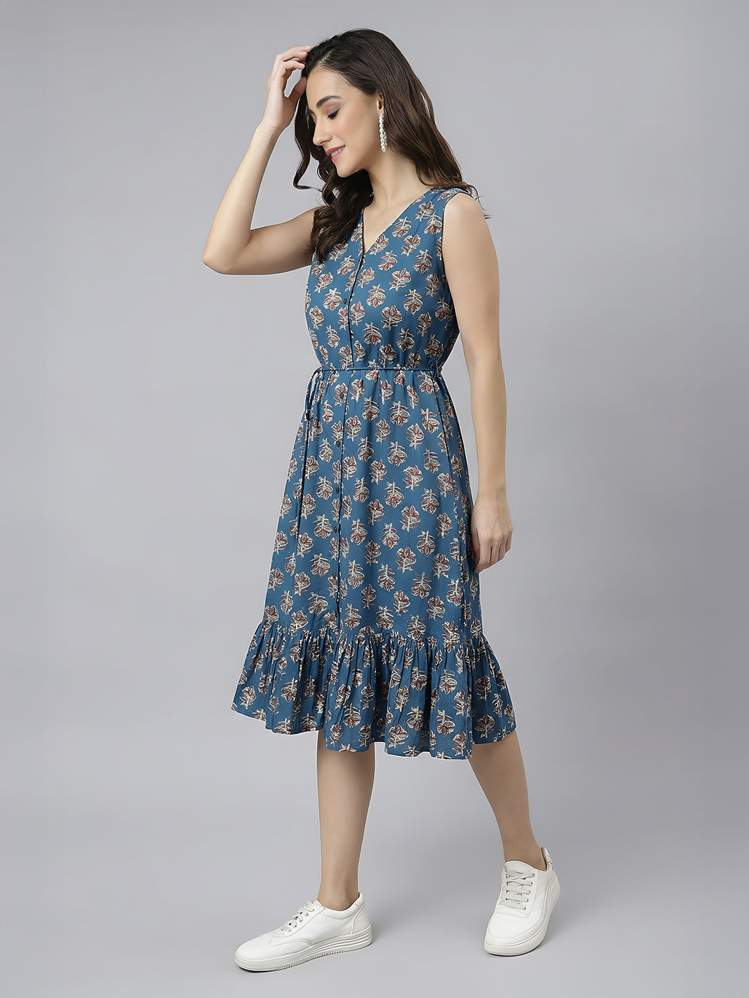 Janasya Women's Navy Blue Pure Cotton Floral Printed Fit & Flare Dress