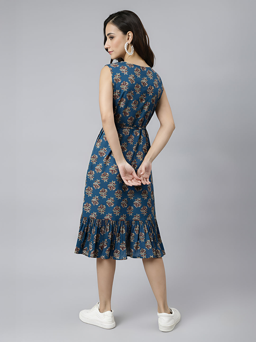 Janasya Women's Navy Blue Pure Cotton Floral Printed Fit & Flare Dress