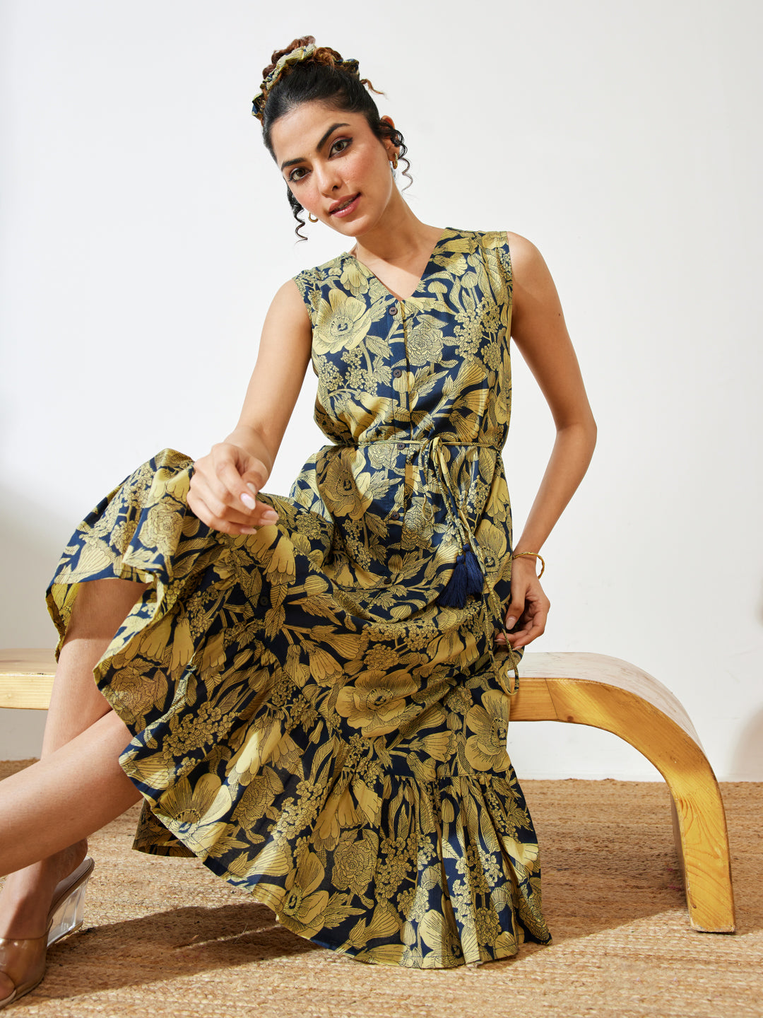 Janasya Women's Navy Blue Pure Cotton Floral Fit & Flare Dress