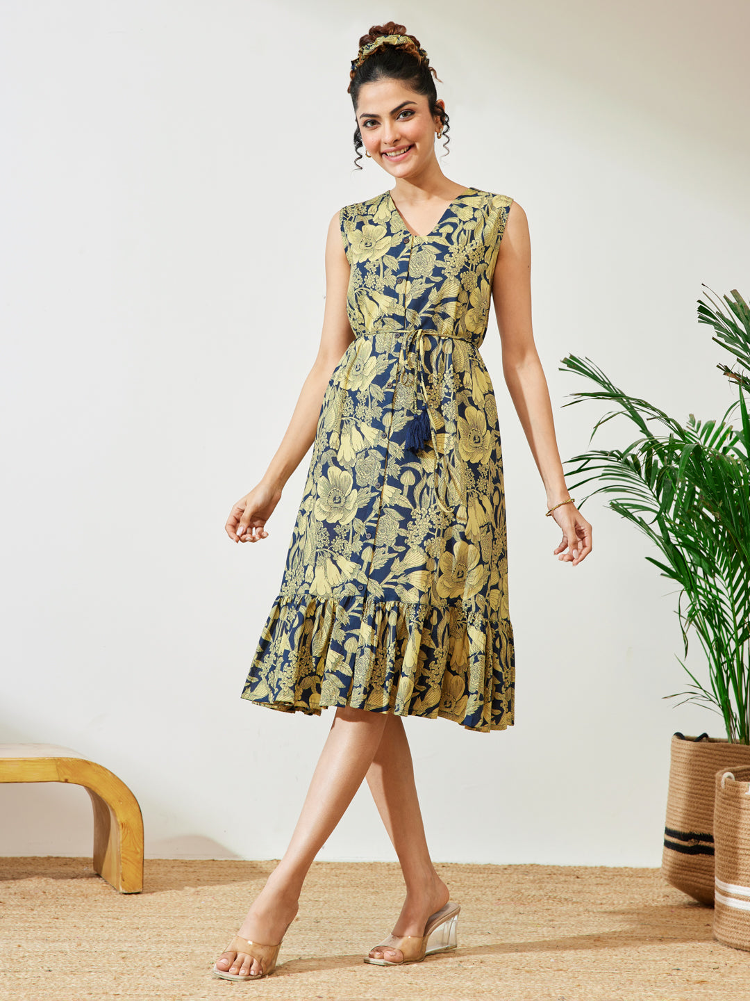 Janasya Women's Navy Blue Pure Cotton Floral Fit & Flare Dress