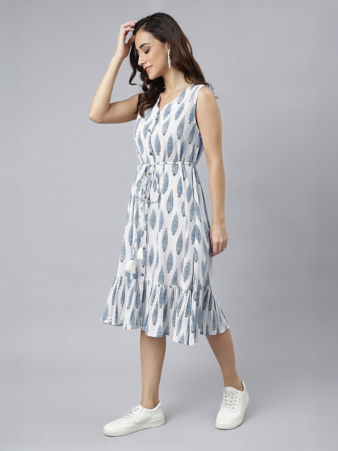 Janasya Women's White Pure Cotton Ethnic Motifs Printed Fit & Flare Dress