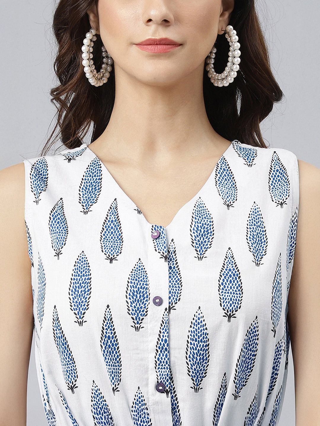 Janasya Women's White Pure Cotton Ethnic Motifs Printed Fit & Flare Dress