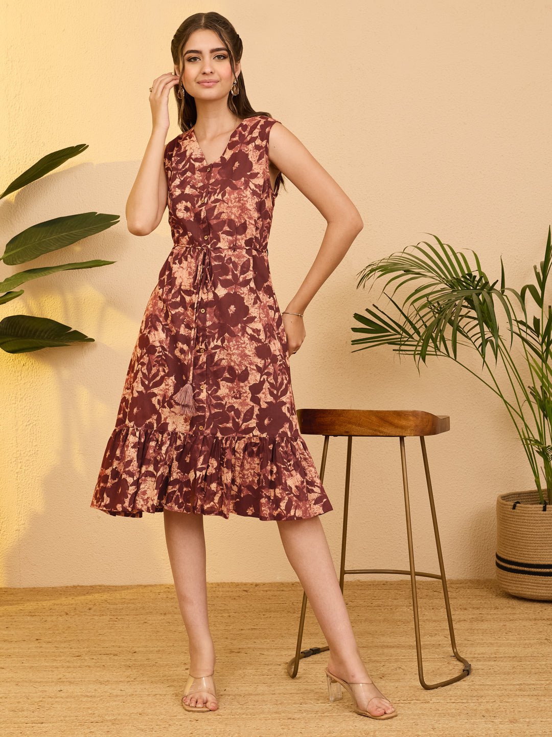Janasya Women's Rust Pure Cotton Floral Printed Fit & Flare Dress