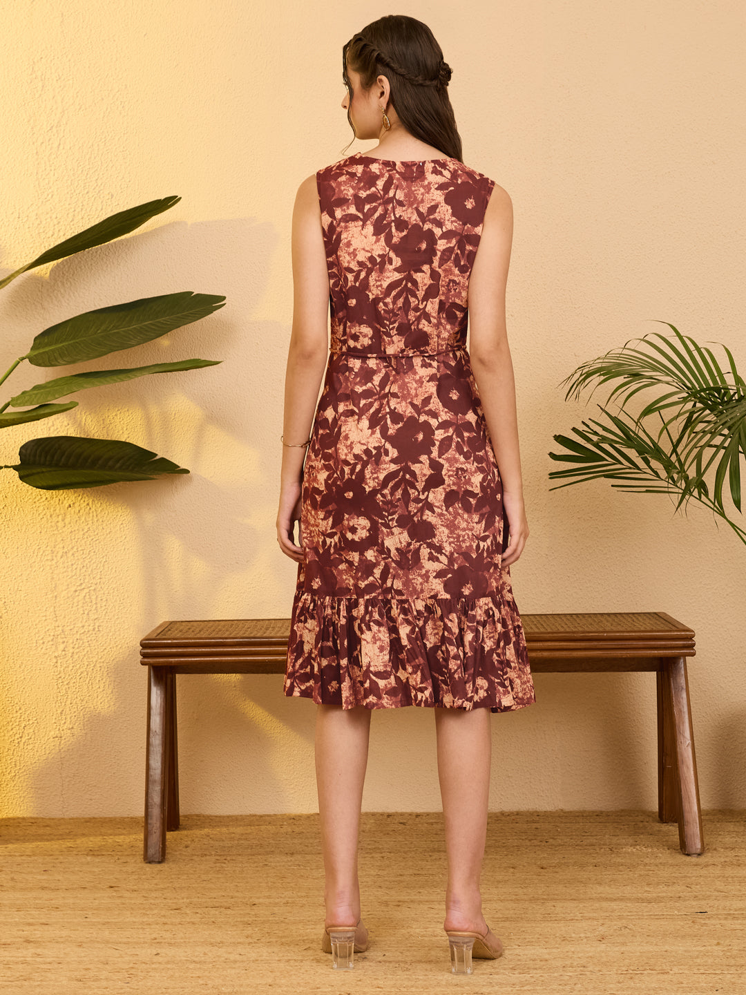 Janasya Women's Rust Pure Cotton Floral Printed Fit & Flare Dress