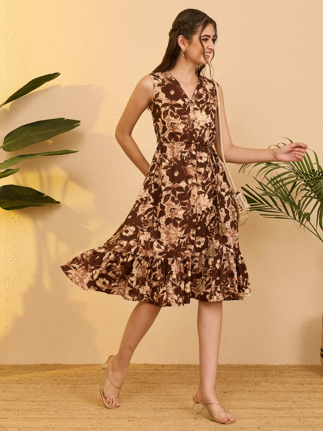 Janasya Women's Brown Pure Cotton Floral Printed Fit & Flare Dress