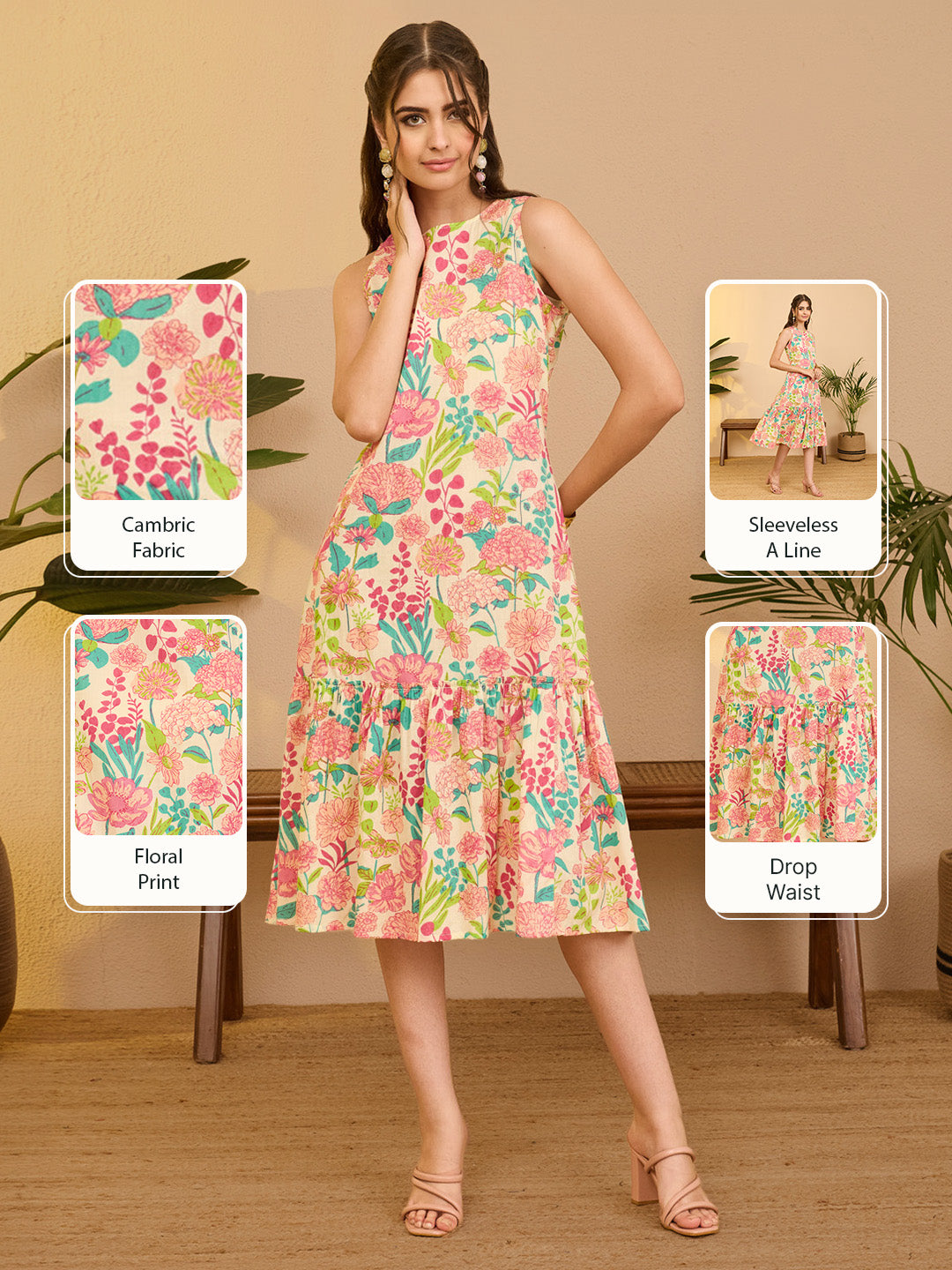 Janasya Women's Beige Pure Cotton Floral Printed A-line Dress