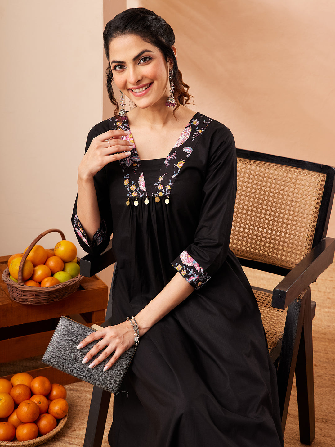 Janasya Women's Black Pure Cotton Yoke Design A-line Kurta Set