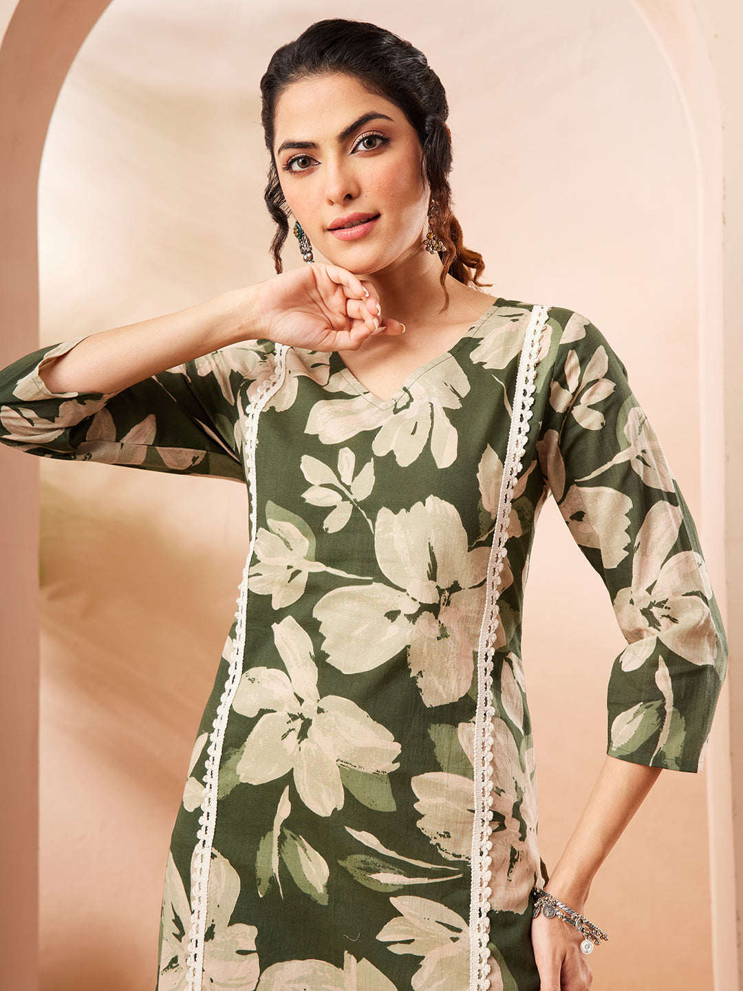 Janasya Women's Olive Pure Cotton Floral Printed Straight Kurta Pant Set