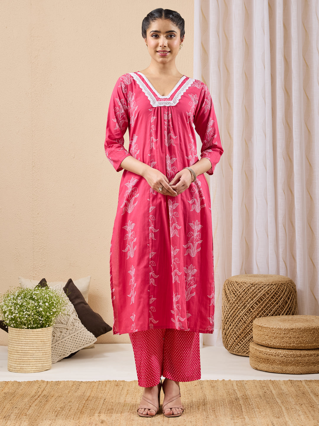 Janasya Women's Pink Pure Cotton Floral Printed A-line Kurta Pant Set