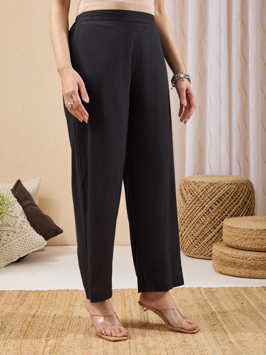 Janasya Women's Black Pure Cotton Floral Printed A-line Kurta Pant Set