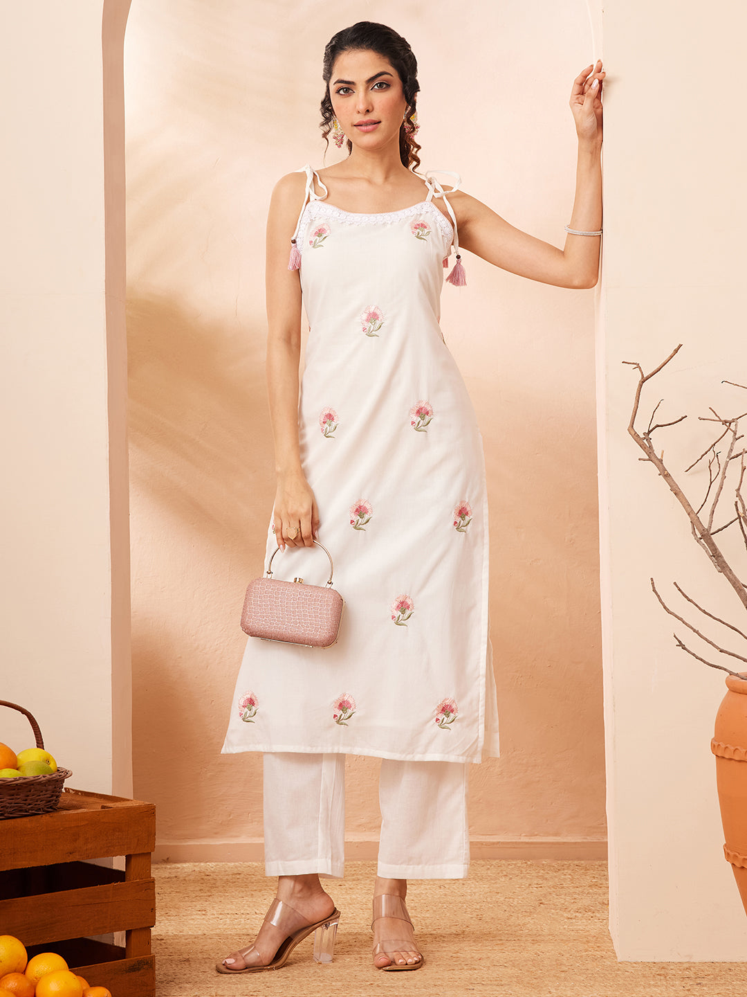 Janasya Women's White Pure Cotton Embroidered Straight Kurta With Pant Set