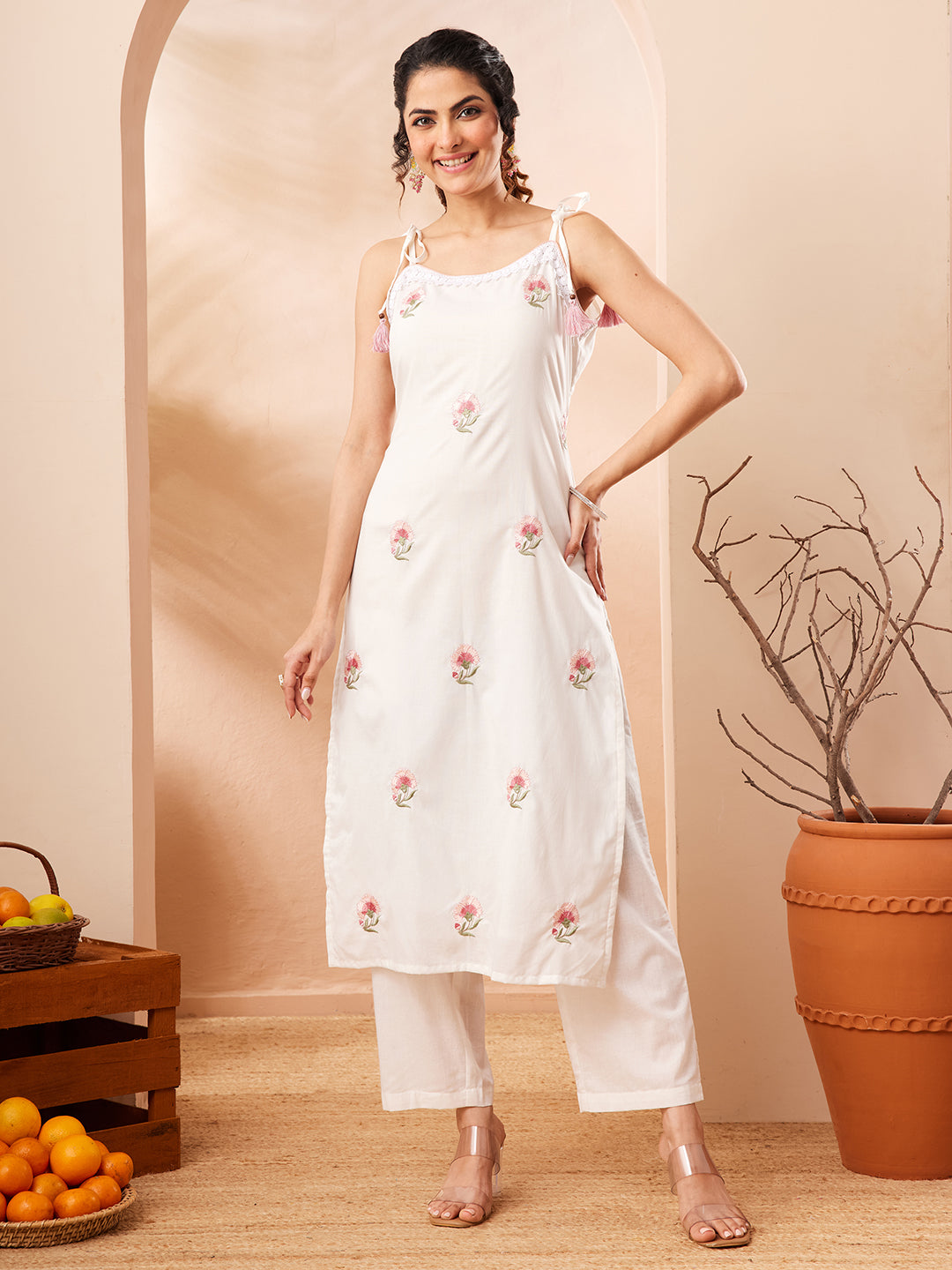 Janasya Women's White Pure Cotton Embroidered Straight Kurta With Pant Set