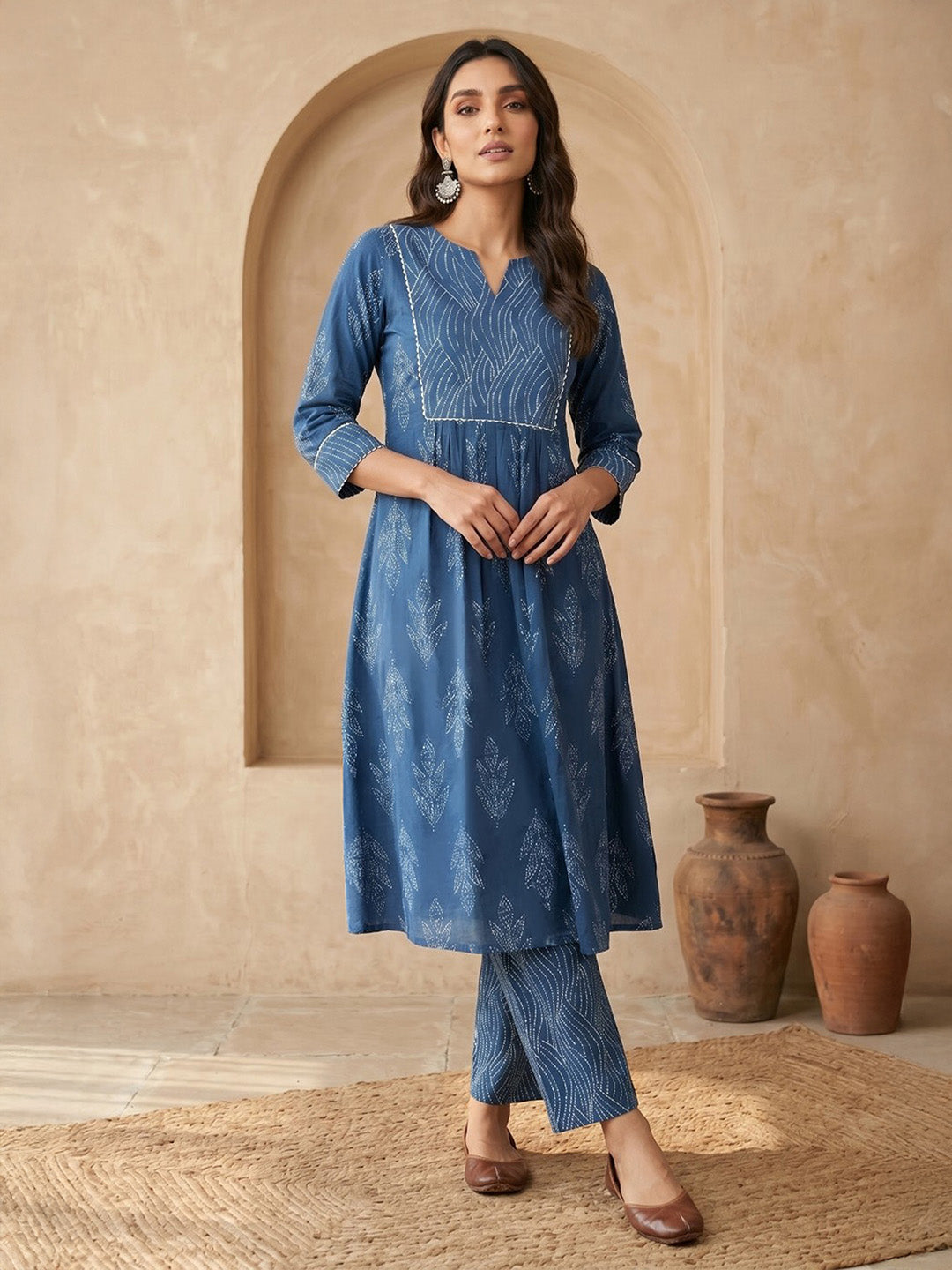 Janasya Women's Indigo Pure Cotton Bandhani Printed A-Line Kurta with Pant Set