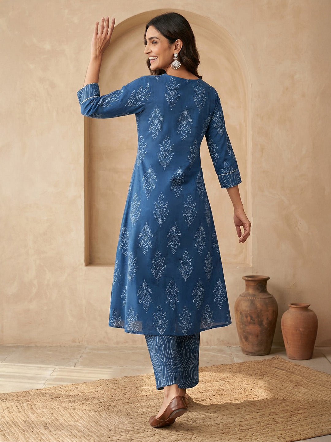 Janasya Women's Indigo Pure Cotton Bandhani Printed A-Line Kurta with Pant Set