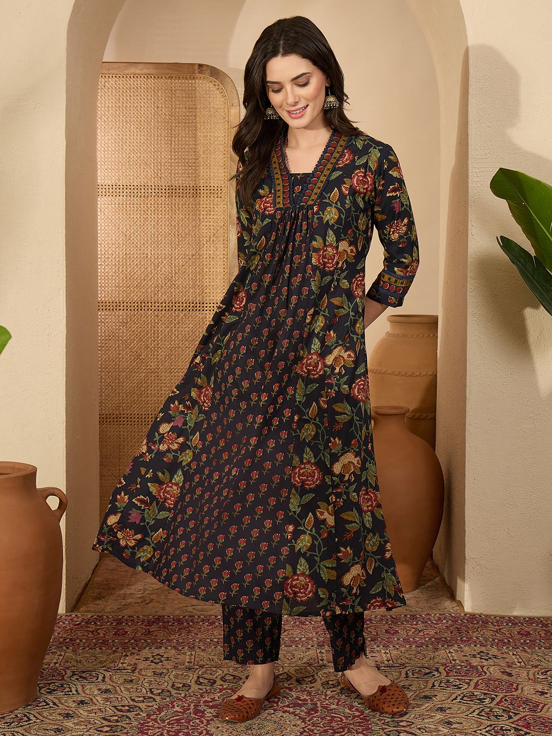 Janasya Women's Navy Blue Pure Cotton Floral Printed A-Line Kurta with Pant Set