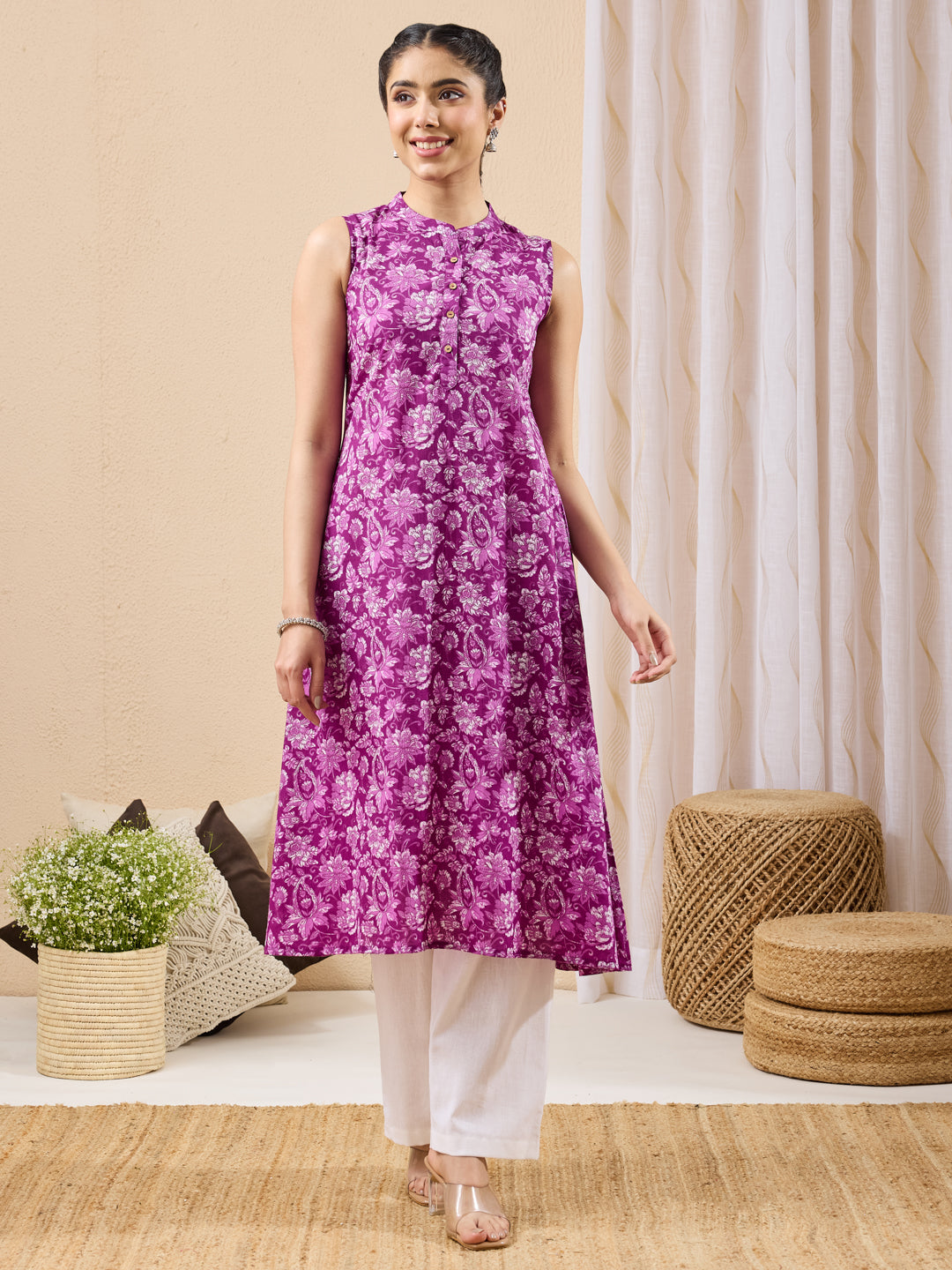 Janasya Women's Purple Pure Cotton Floral Printed A-line Kurta