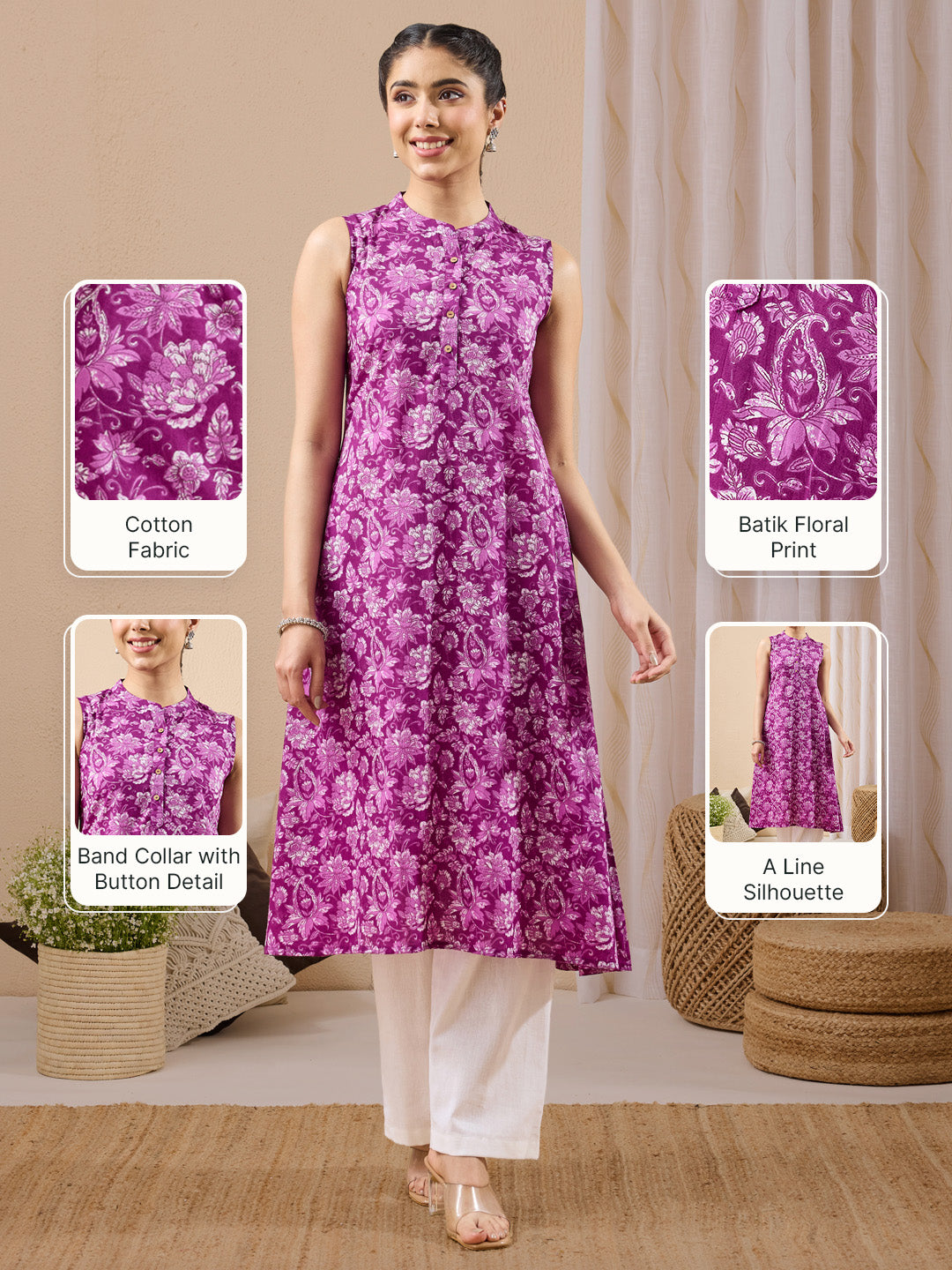 Janasya Women's Purple Pure Cotton Floral Printed A-line Kurta