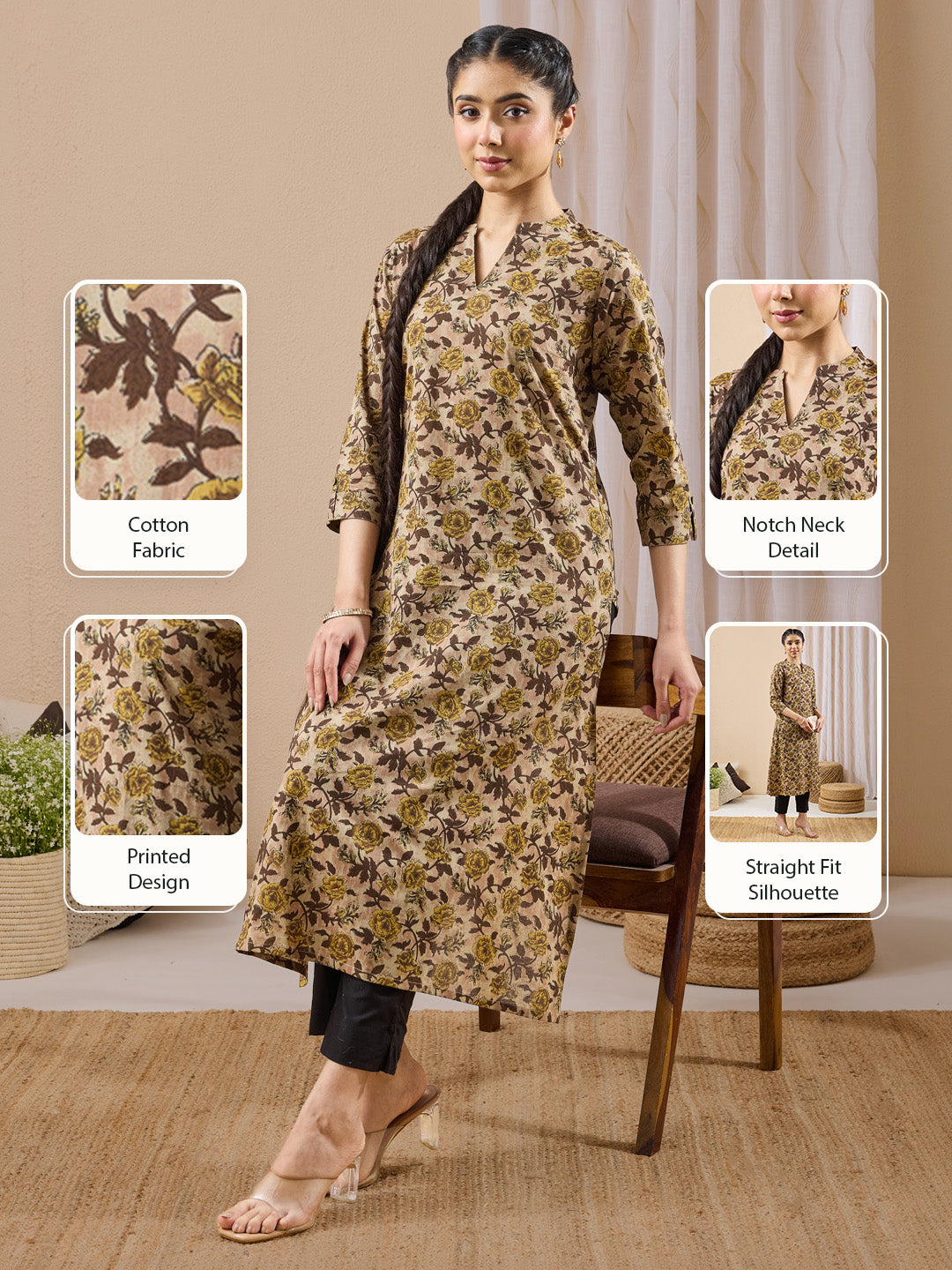 Janasya Women's Brown Pure Cotton Floral Printed Straight Kurta