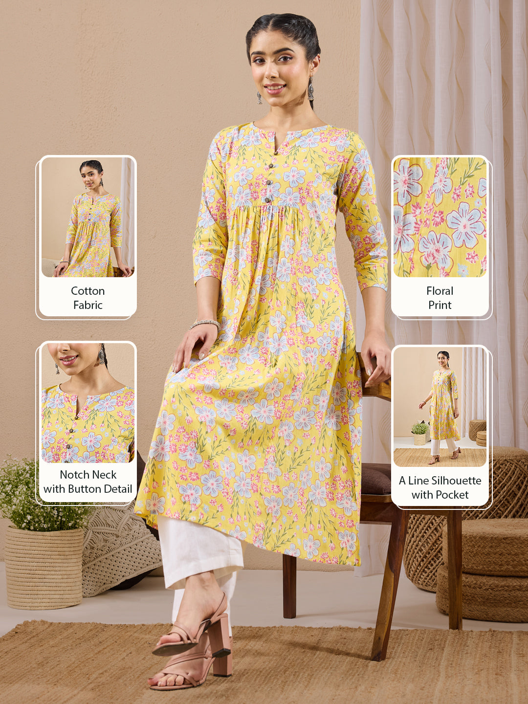 Janasya Women's Yellow Pure Cotton Floral Printed A-line Kurta