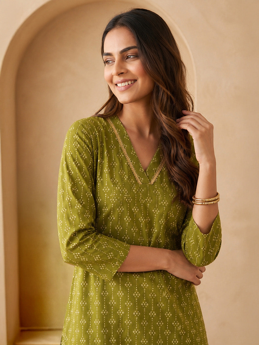 Janasya Women's Olive Pure Cotton Ethnic Motifs Printed Straight Kurta