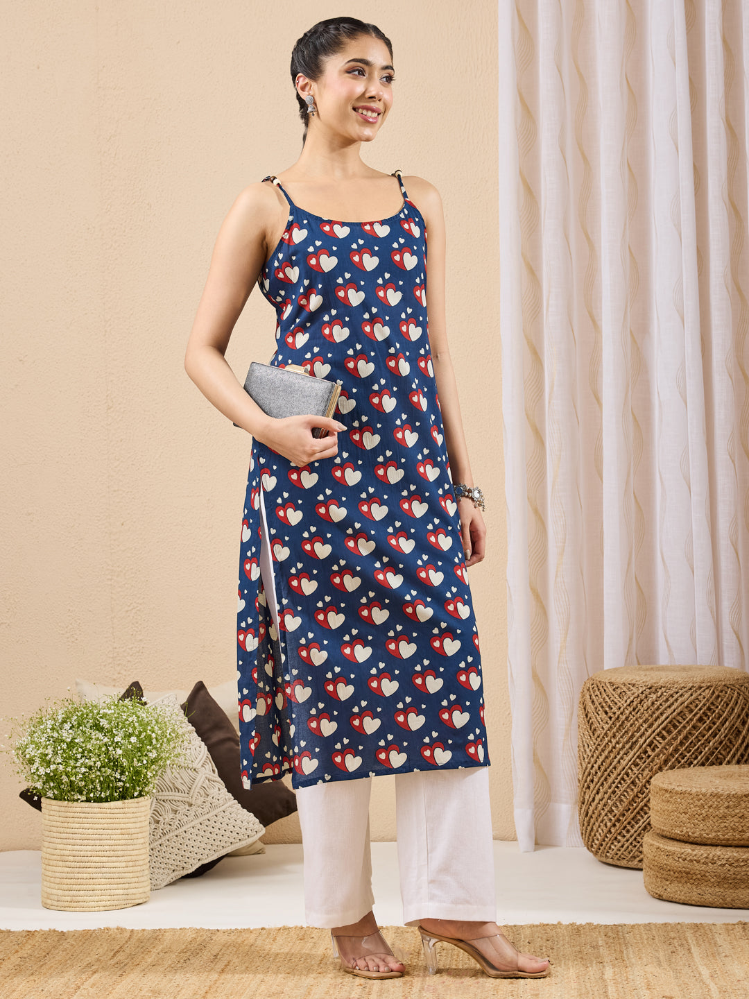 Janasya Women's Dark Blue Pure Cotton Printed Straight Kurta