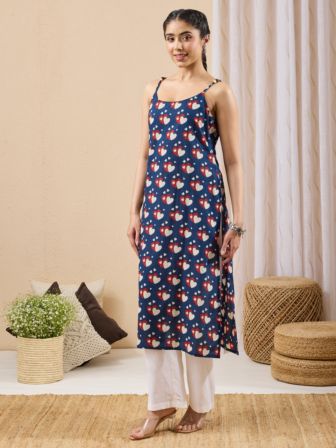 Janasya Women's Dark Blue Pure Cotton Printed Straight Kurta