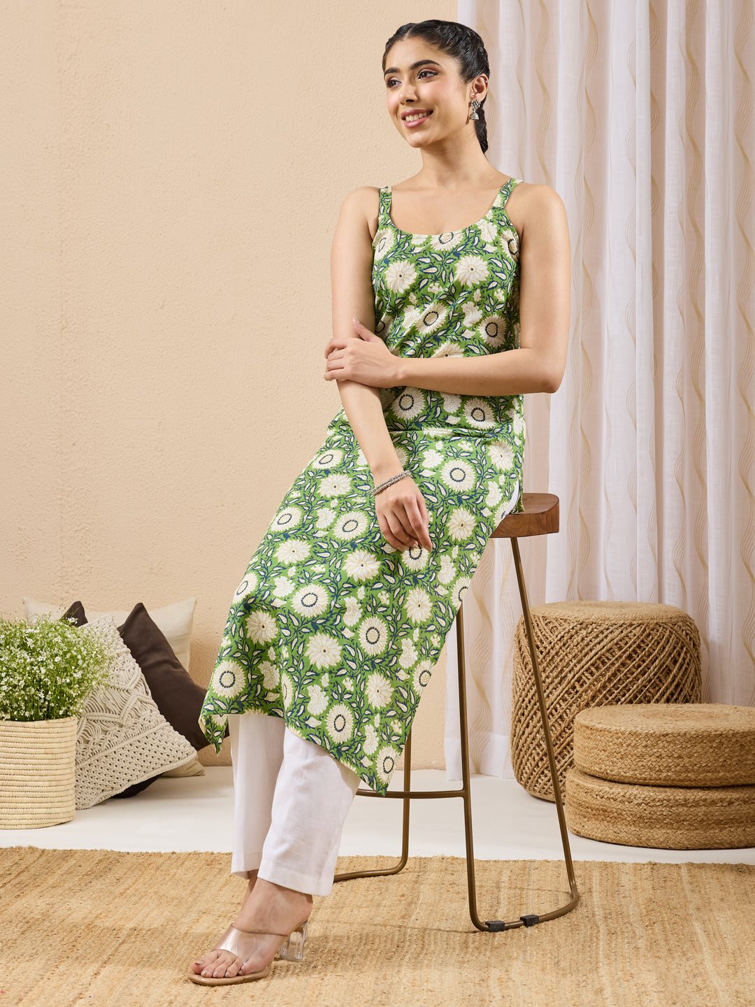 Janasya Women's Green Pure Cotton Floral Printed Straight Kurta