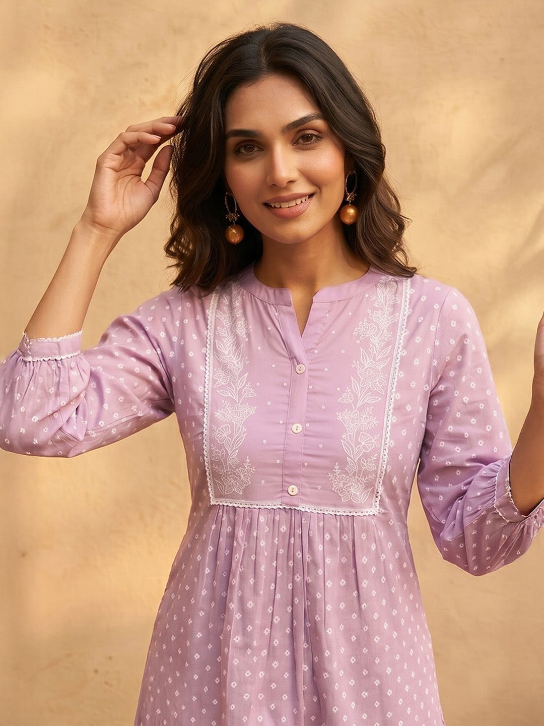Janasya Women's Lavender Pure Cotton Floral Printed A-Line Kurta