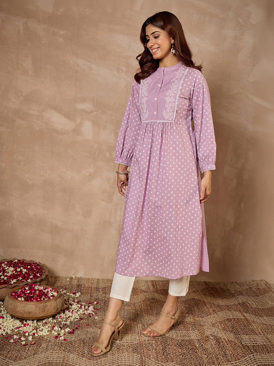 Janasya Women's Lavender Pure Cotton Floral Printed A-Line Kurta