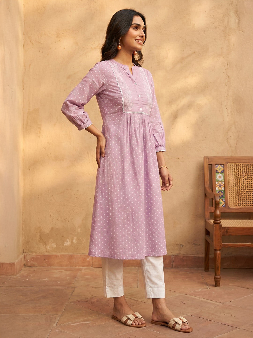 Janasya Women's Lavender Pure Cotton Floral Printed A-Line Kurta