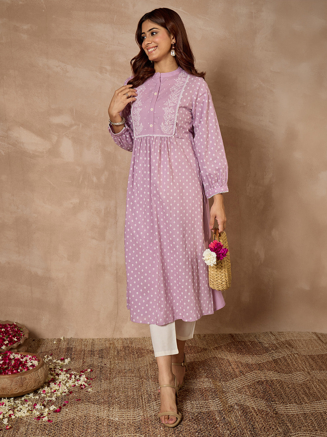 Janasya Women's Lavender Pure Cotton Floral Printed A-Line Kurta