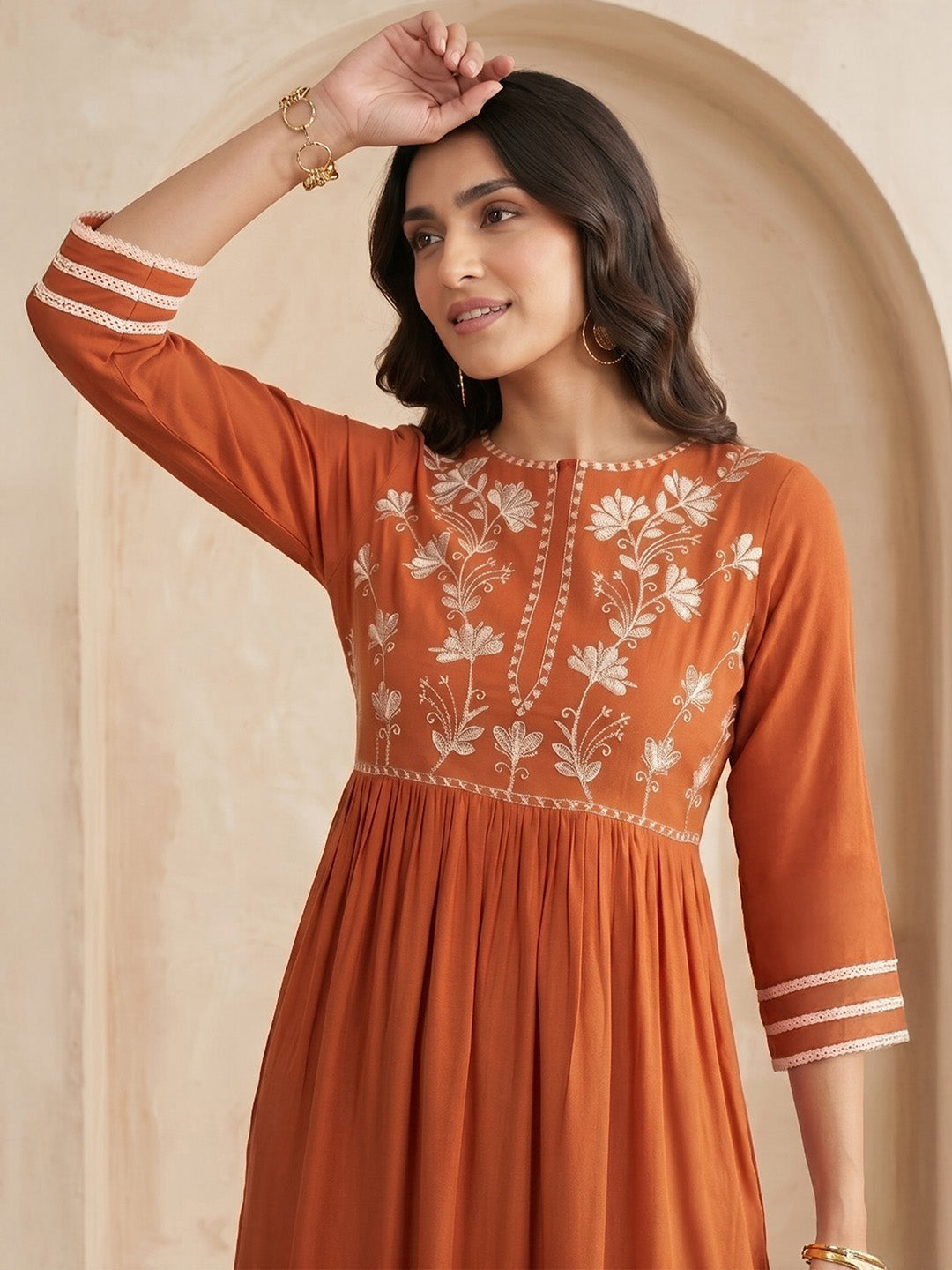 Janasya Women's Rust Rayon Embroidered Straight Kurta