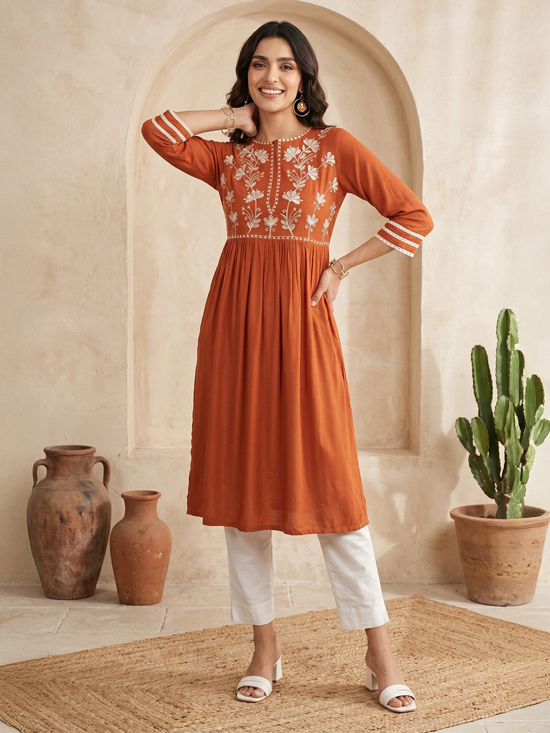 Janasya Women's Rust Rayon Embroidered Straight Kurta
