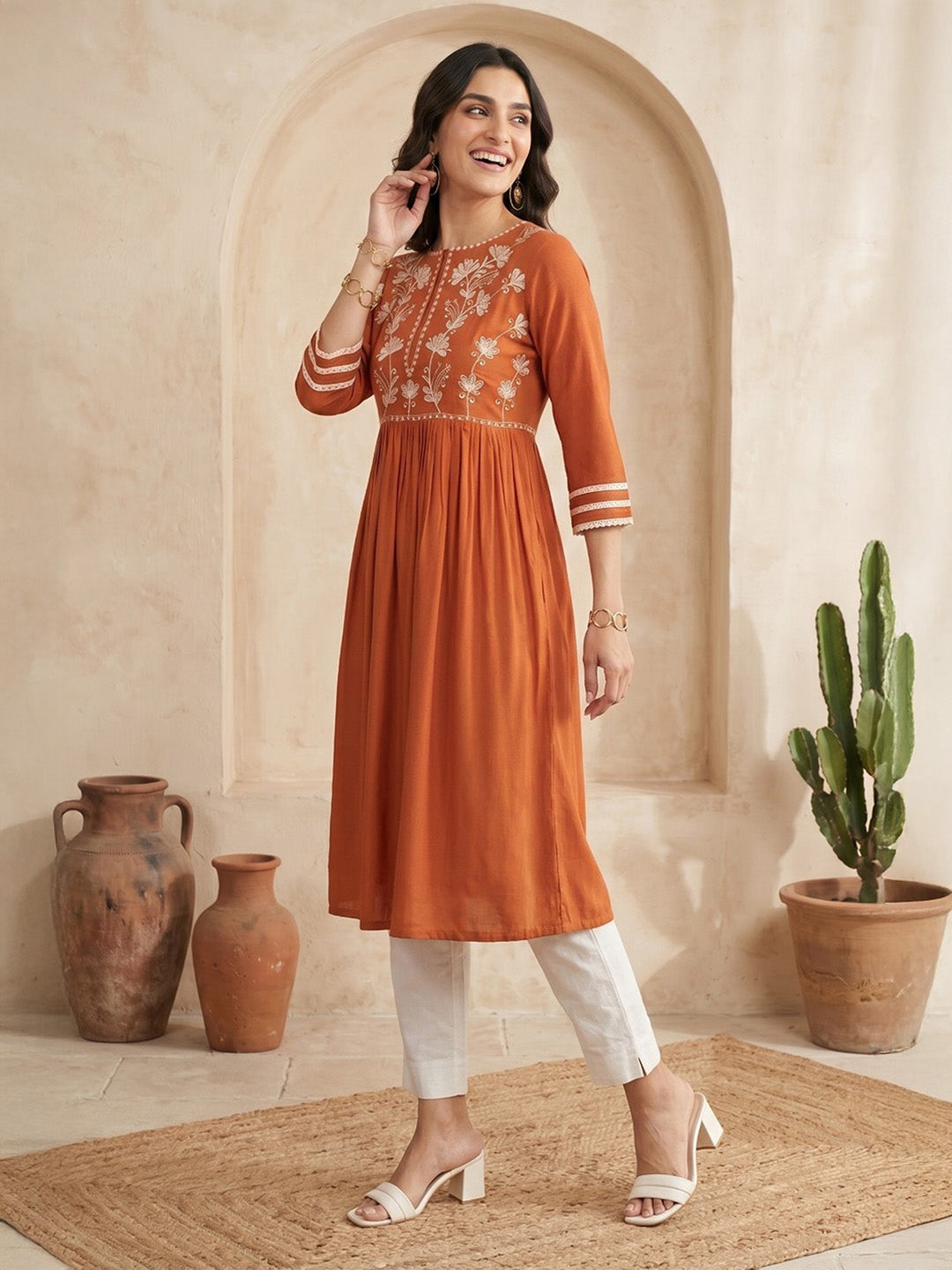 Janasya Women's Rust Rayon Embroidered Straight Kurta