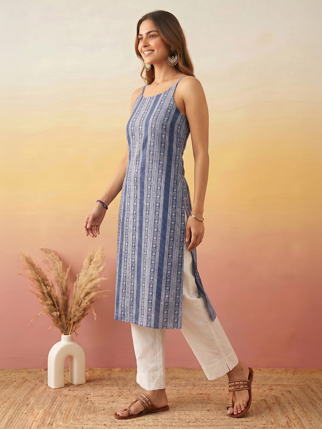 Janasya Women's Blue Pure Cotton Floral Vertical Stripes Printed Straight Kurta