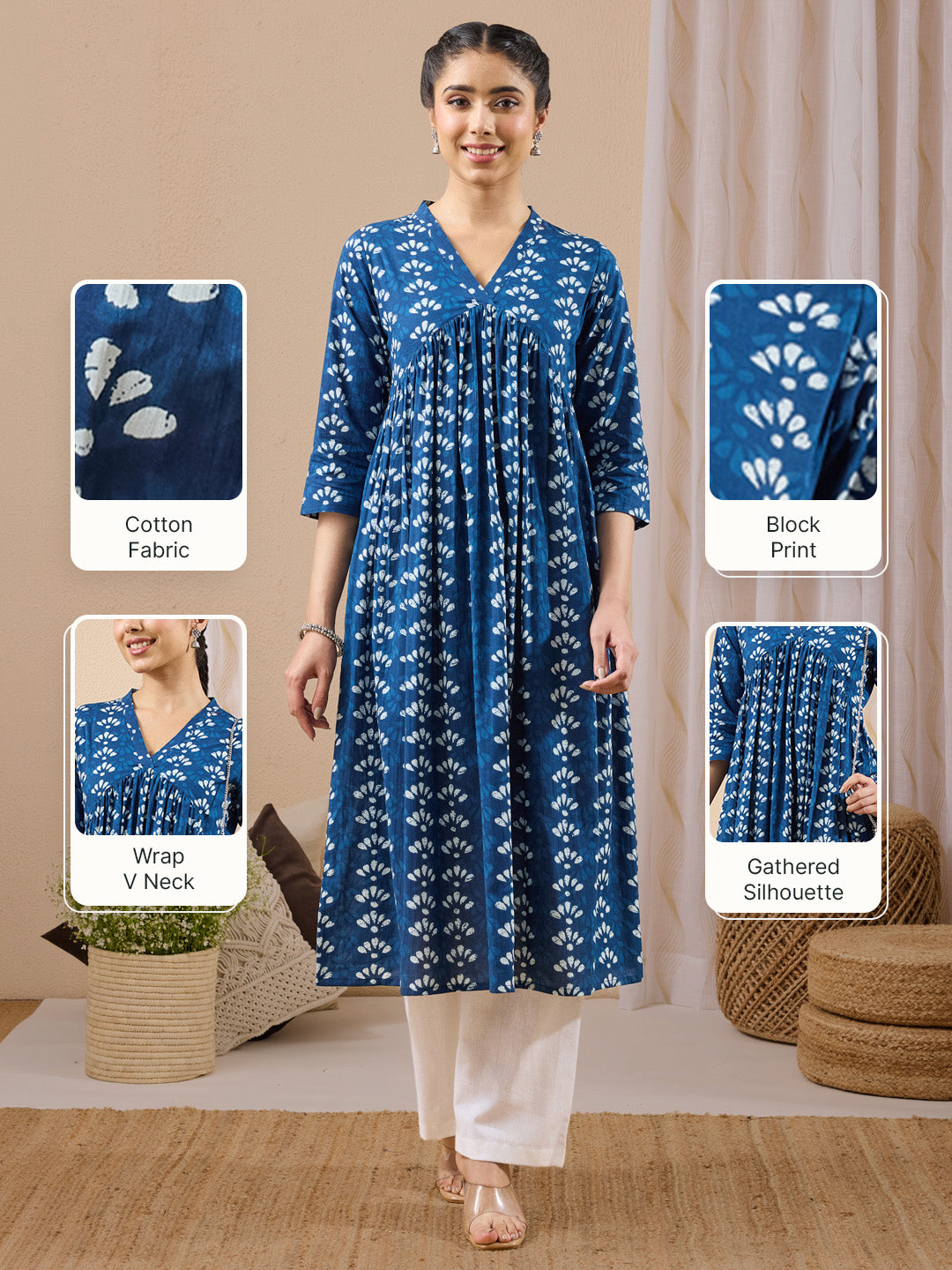 Janasya Women's Blue Pure Cotton Ethnic Motifs Printed Gathered Kurta