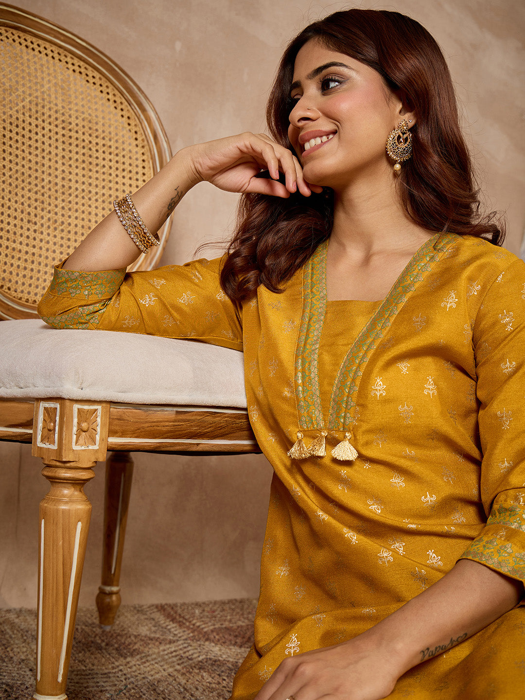 Janasya Women's Mustard Silk Blend Foil Printed Straight Kurta