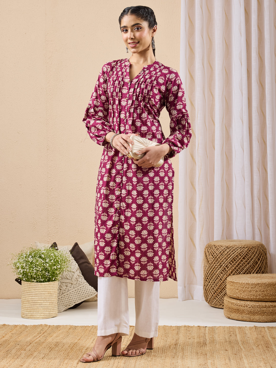 Janasya Women's Purple Pure Cotton Floral Printed Straight Kurta