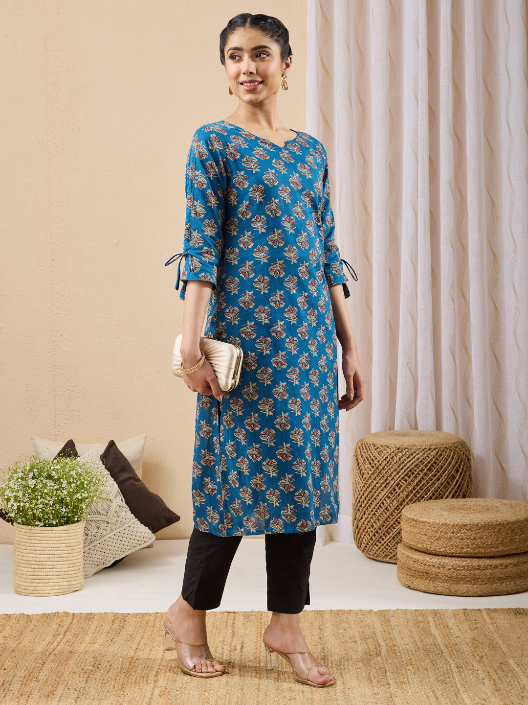 Janasya Women's Navy Blue Pure Cotton Floral Printed Straight Kurta