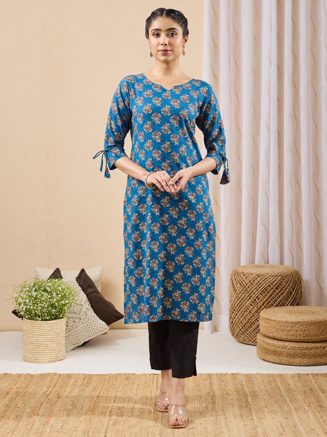 Janasya Women's Navy Blue Pure Cotton Floral Printed Straight Kurta