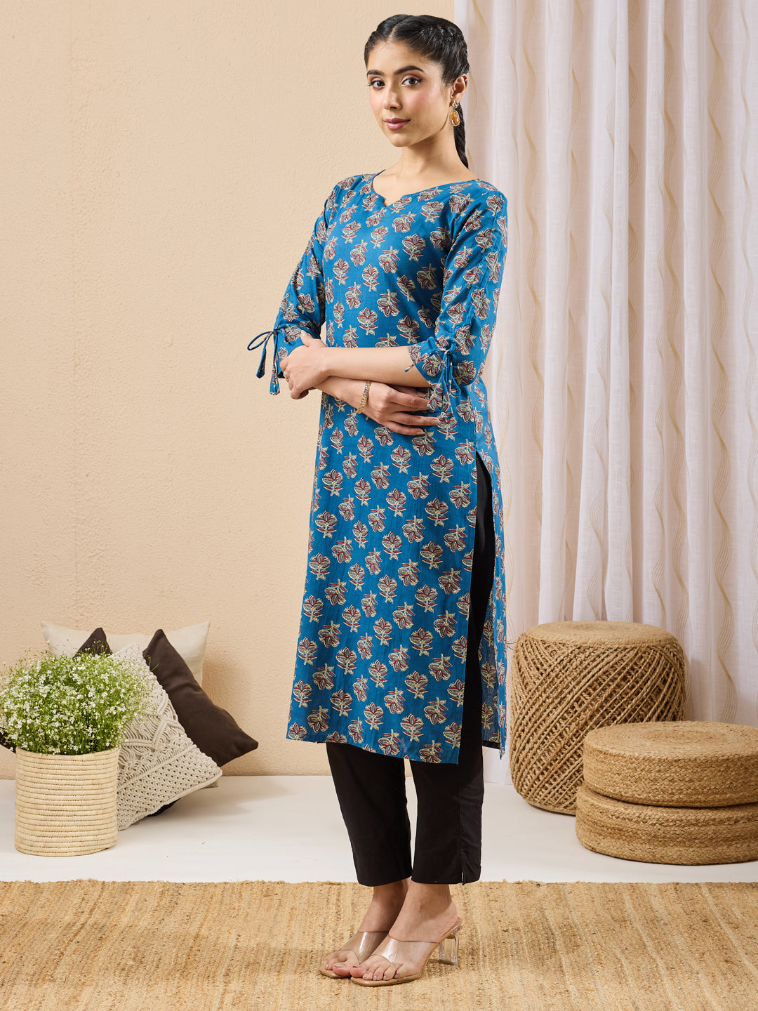 Janasya Women's Navy Blue Pure Cotton Floral Printed Straight Kurta