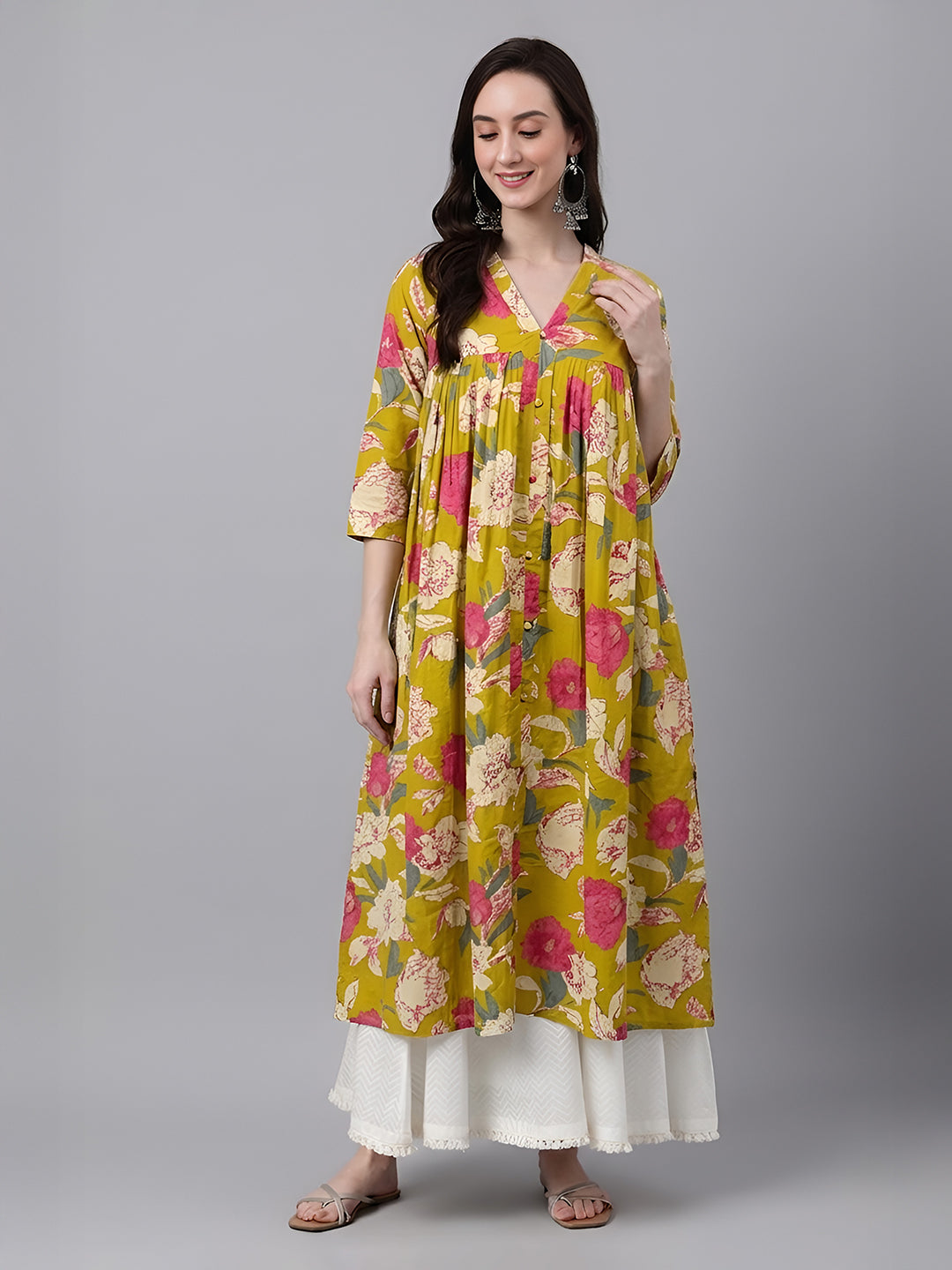 Janasya Women's Green Pure Cotton Floral Printed A-Line Top