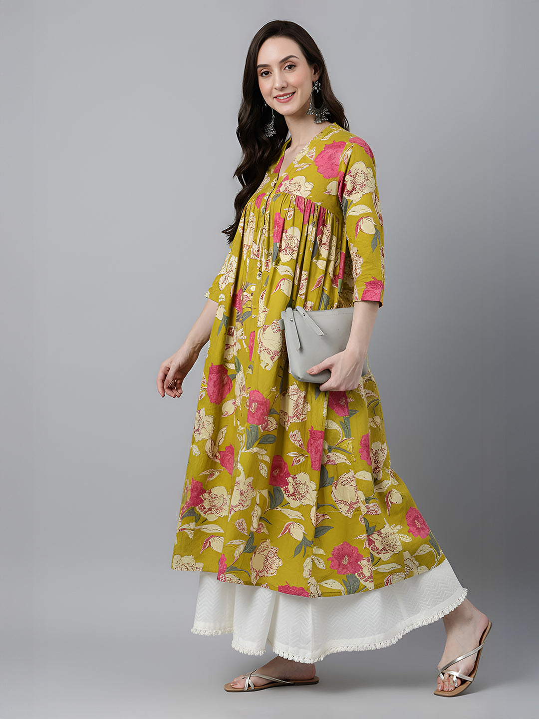 Janasya Women's Green Pure Cotton Floral Printed A-Line Top