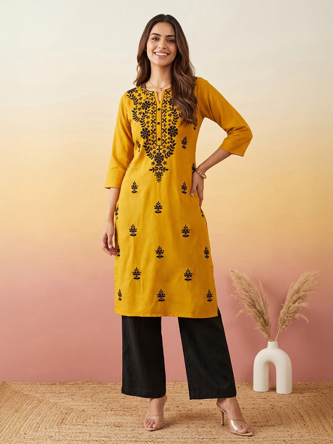 Janasya Women's Mustard Silk Blend Embroidered Straight Kurta