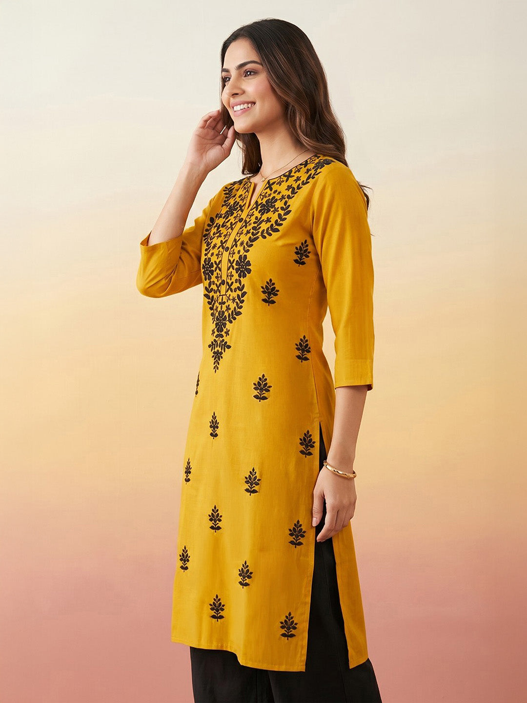 Janasya Women's Mustard Silk Blend Embroidered Straight Kurta