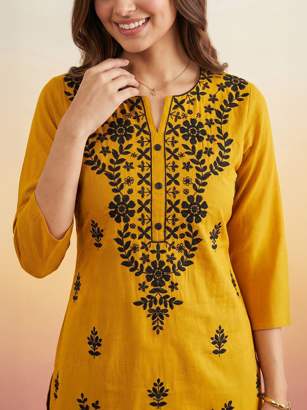 Janasya Women's Mustard Silk Blend Embroidered Straight Kurta