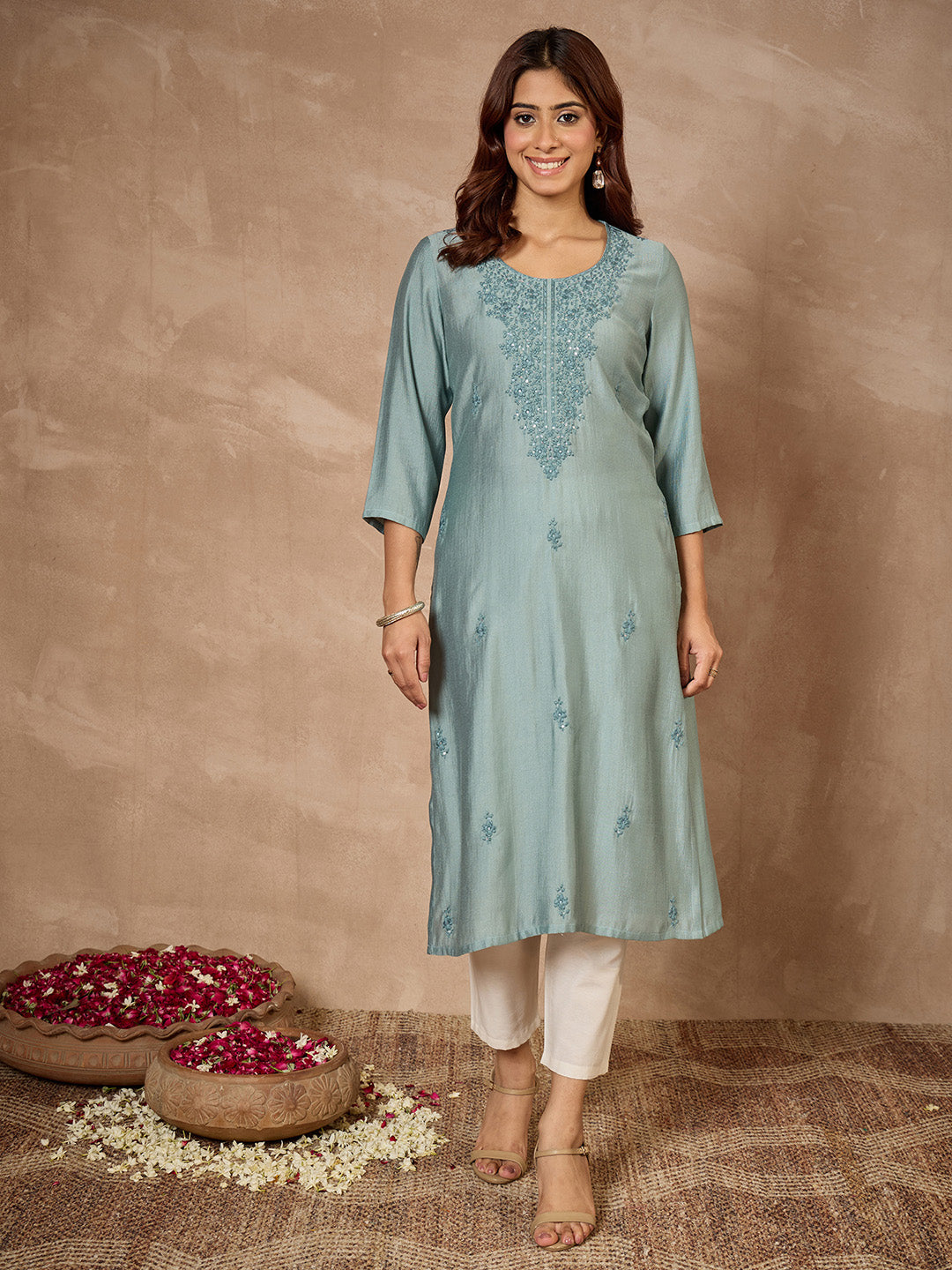Janasya Women's Blue Silk Blend Embroidered Straight Kurta