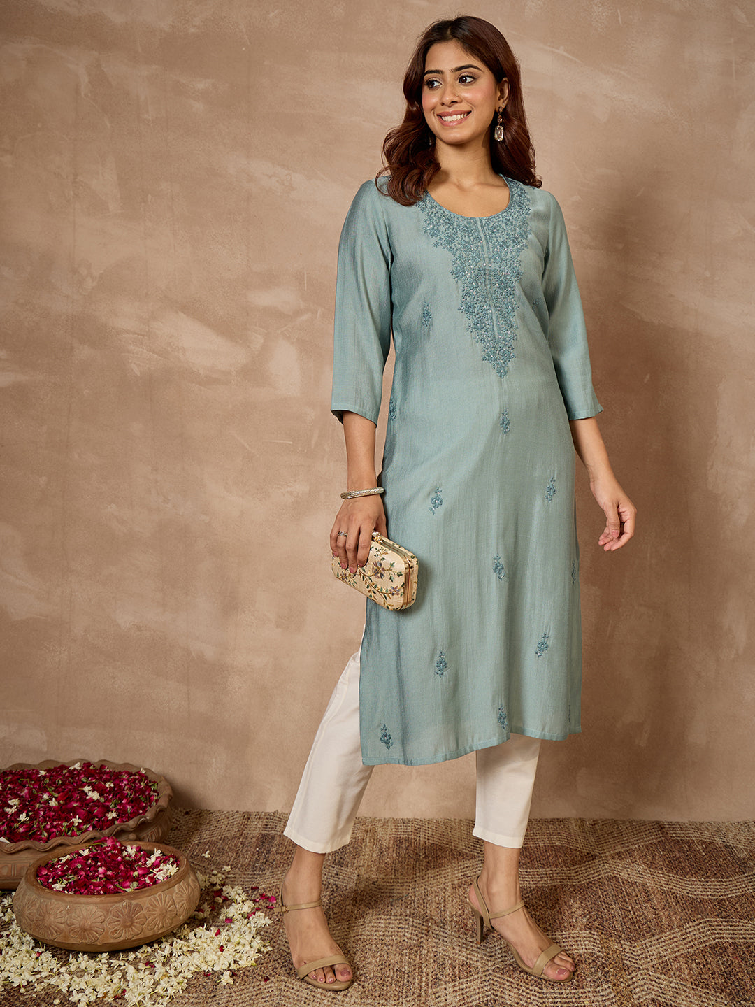 Janasya Women's Blue Silk Blend Embroidered Straight Kurta