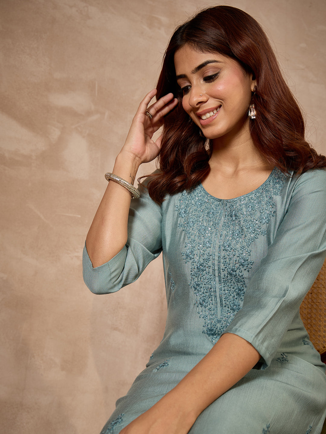 Janasya Women's Blue Silk Blend Embroidered Straight Kurta