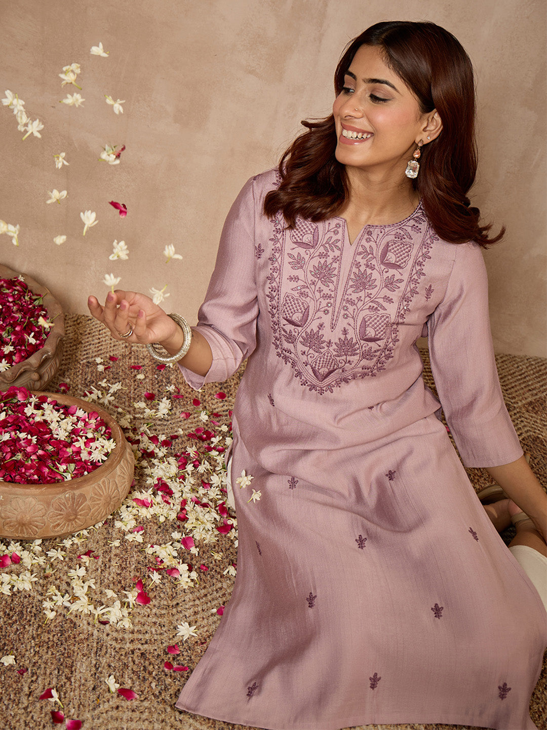 Janasya Women's Lavender Silk Blend Yoke Embroidered Straight Kurta